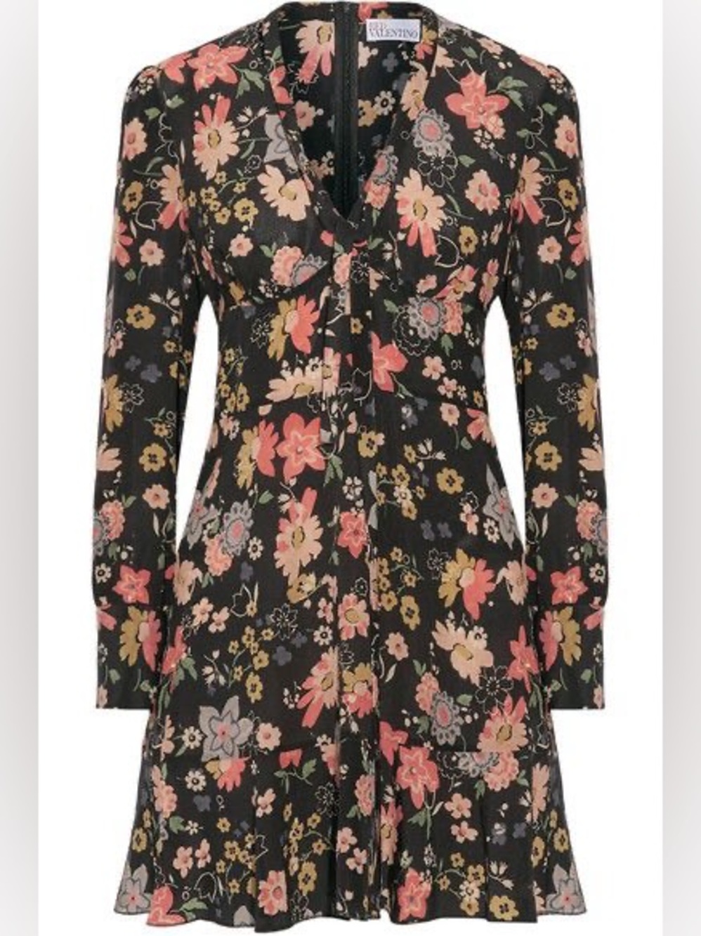 RED VALENTINO CHELSEA LONG-SLEEVE TIE-NECK FLORAL-PRINT DRESS IN PINK size 12